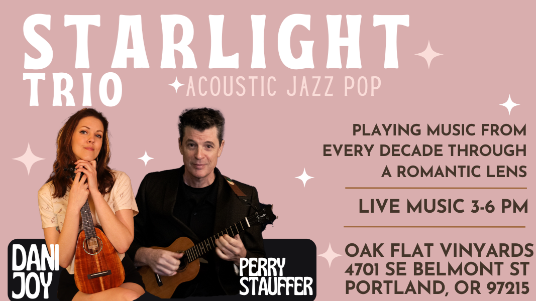 The Starlight Trio is comprised of 3 acoustic musicians who know how to cast a spell. Playing songs from 1920-1980, they will transport you to a small Paris cafe one moment, then into a New York speak easy the next. They’ll even mix a little cafe with David Bowie and the Talking Heads. Dani is known for her velvety vocals, Perry for his thrilling jazz stylings on ukulele and Miles turns up the class with his tasteful, enticing violin playing.
