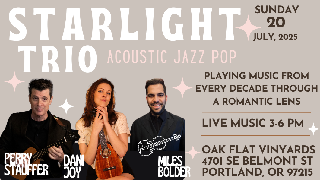 The Starlight Trio is comprised of 3 acoustic musicians who know how to cast a spell. Playing songs from 1920-1980, they will transport you to a small Paris cafe one moment, then into a New York speak easy the next. They’ll even mix a little cafe with David Bowie and the Talking Heads. Dani is known for her velvety vocals, Perry for his thrilling jazz stylings on ukulele and Miles turns up the class with his tasteful, enticing violin playing.